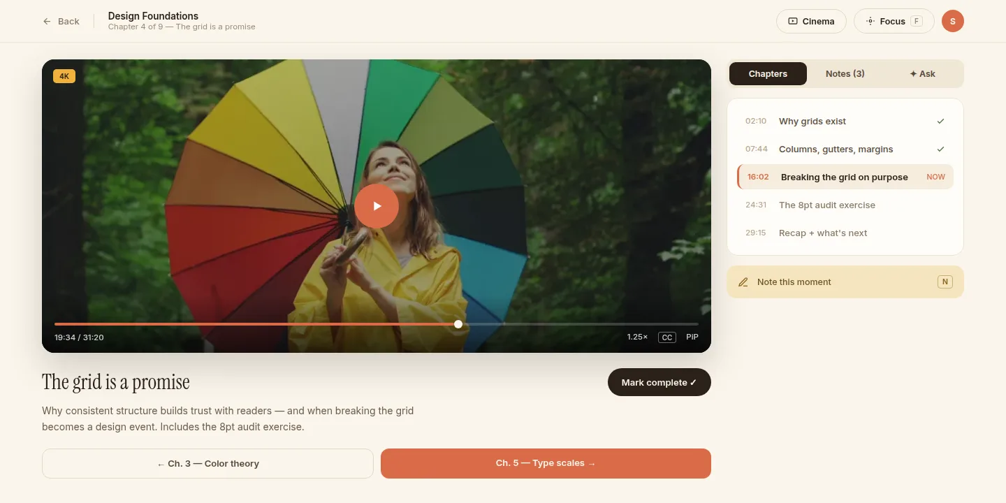 Motion lesson with chapters sidebar, notes and navigation visible